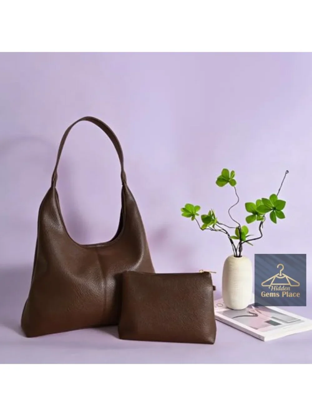 Vegan Leather Slouchy Hobo Bag with Zip Pouch and Key Leash